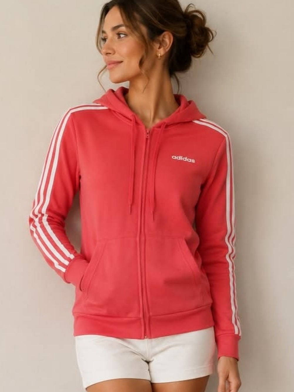 adidas Coral Pink Zip-Up Hoodie with White Stripes
